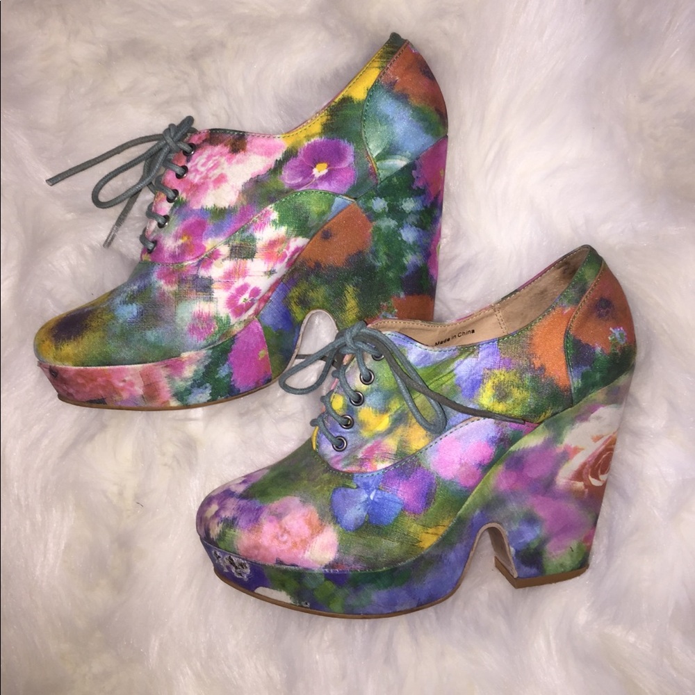 Floral lace up wedges